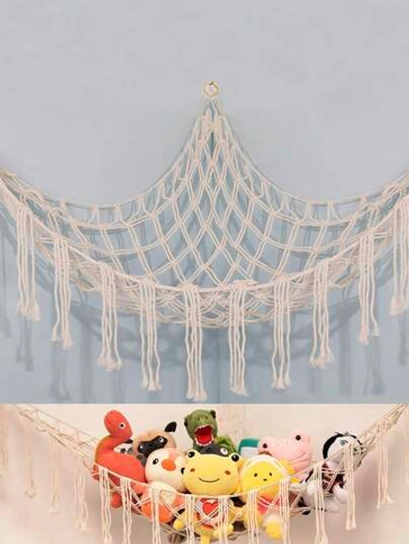 1pc White Large Bohemian Plush Animal Net Or Hammock, Toy Hammock, East And West Animal Storage Corner Hanging Net, Mesh Hammock Plush Toy Hanging Storage With Tassel Hooks For Bedroom Use Rama Decoration Rama Gifts Birthday Graduation
