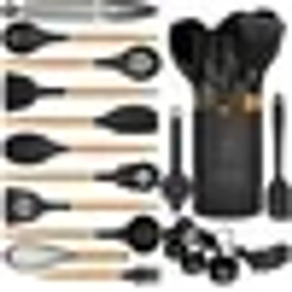 Silicone Cooking Utensils Set - Silicone Kitchen Utensils for Cooking Wooden Handles, 446°F Heat Resistant Kitchen Utensil Spatula Sets w Holder, Gadgets for Non-Stick Cookware BPA FREE (Black)