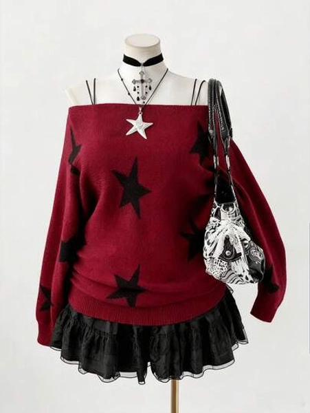 Sunspun Plus Size Women Y2K Streetwear Style Pentagram Jacquard Loose Boat Neck Batwing Sleeve Comfortable Knit Pullover Sweater, Suitable For Autumn/Winter And Back To School Season