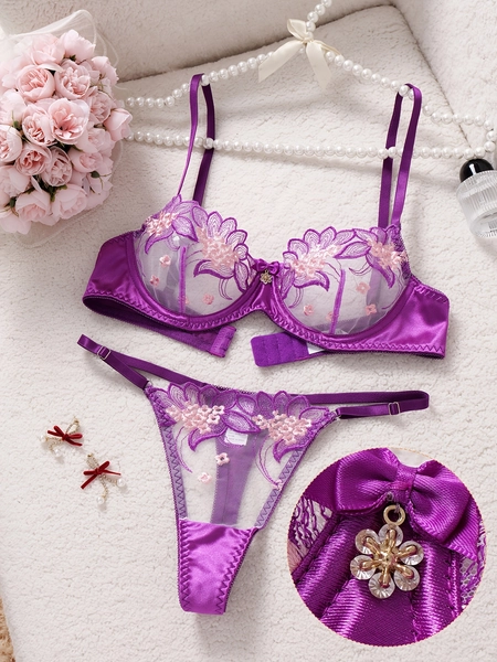   embroidered color block semi sheer underwire bra panty - Temu