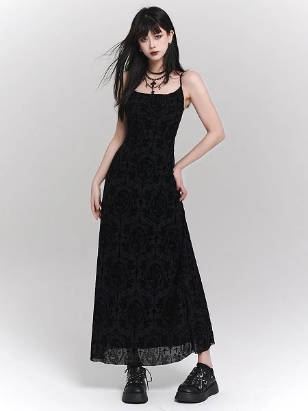 [$33.00]Black Gothic Ankle-Length Slip Dress with Flocked Portraits &  Floral Patterns