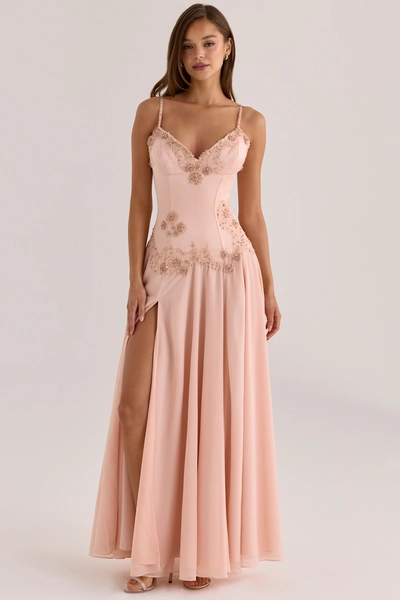 Saloma Blush Satin Custom Hand Beaded Embellished Maxi Dress - Limited Edition
