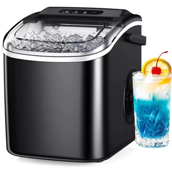 Simzlife Ice Maker Countertop, 26 Lbs/24H, Bullet Ice, 9 Pcs/6 Min, Portable Ice Maker with Handle, Auto-Cleaning, Ultra Quiet, Smart Operation, Black