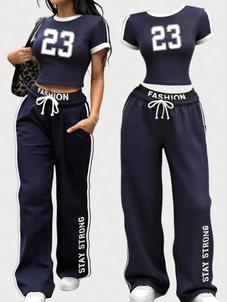 SHEIN Teen Girls Trendy Graphic Crop T-Shirt and Pants Set