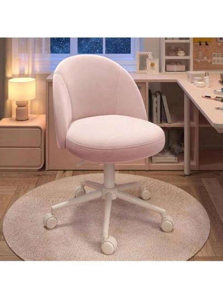 Vanity Chair With Wheels And Comfortable Back, Cute Armless Desk Chair With Adjustable Rolling Swivel For Home Office, Bedroom, White