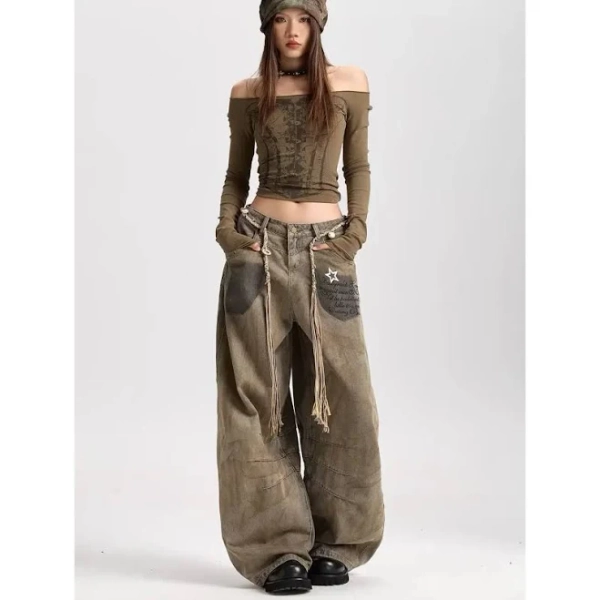 Retro Curved Wide Leg Jeans
