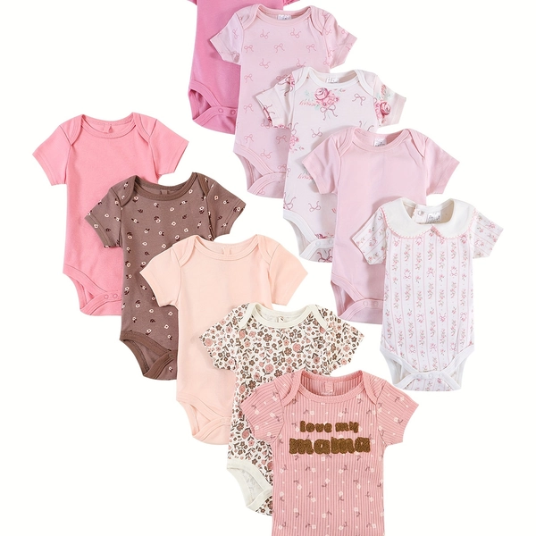 10 piezas de peleles de manga corta para niñas, primavera, verano y otoño, bodies para bebés con varios patrones bordados, ropa elegante y linda estilo princesa, ropa para exteriores, conjunto de regalo asequible, para exteriores