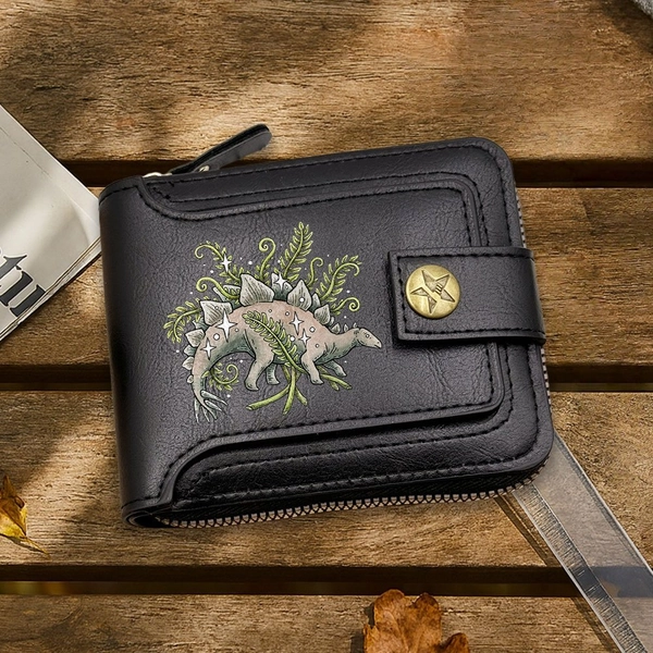 Vintage Classic Men'S Card Case, Zipper Closure Small Wallet, Best Gift Star Fern Brontosaurus Pattern Print Unisex Short Wallet, Lightweight Suitable for Any Occasion