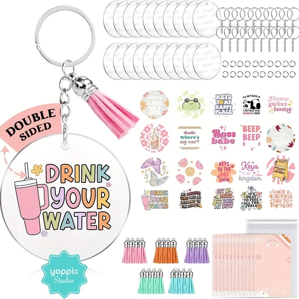 [2D Flat] 140pcs Acrylic Keychain Blank Set, Funny Double-Sided UV DTF Stickers Acrylic Keychain Making Kits For Vinyl Craft Project Employee Appreciation Gifts