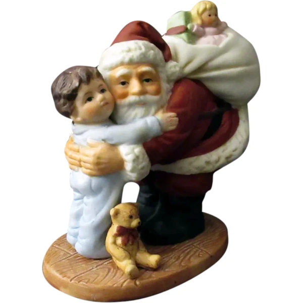 Vintage Porcelain Bisque Christmas Figure, Santa Hugging Little Boy – Homco Label