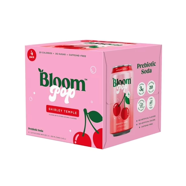 Bloom Pop Shirley Temple Prebiotic Soda Pop, 12 fl oz, 4 Pack Cans