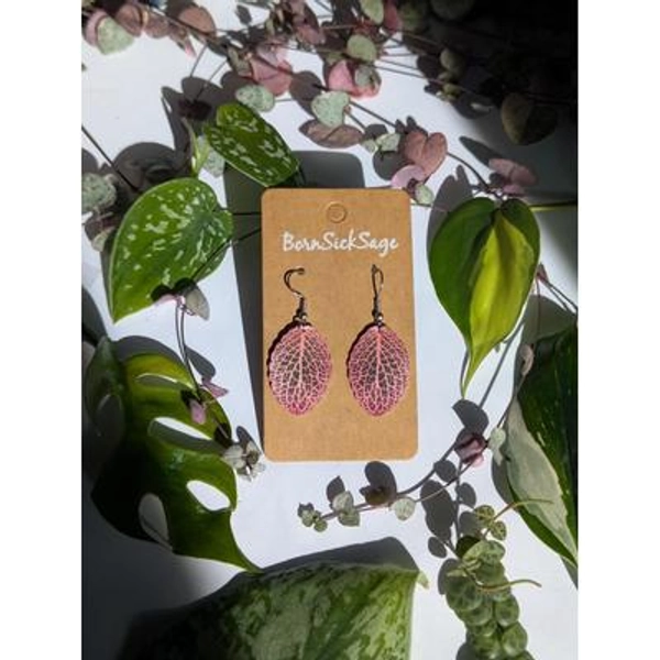 Pink Nerve Plant Botanical Houseplant Leaf Earrings