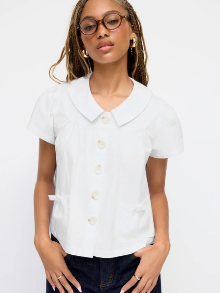 100% Cotton Peter Pan Collar Bowknot Pocket Button Oversized Blouse