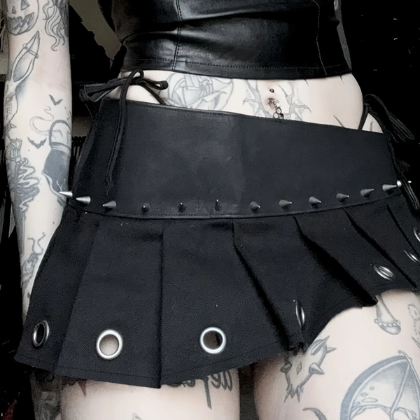 Dark Punk Low-Waist Asymmetrical Pleated Skirt with Metal Rivets | Y2K Style, Solid Color, Spring/Summer Season