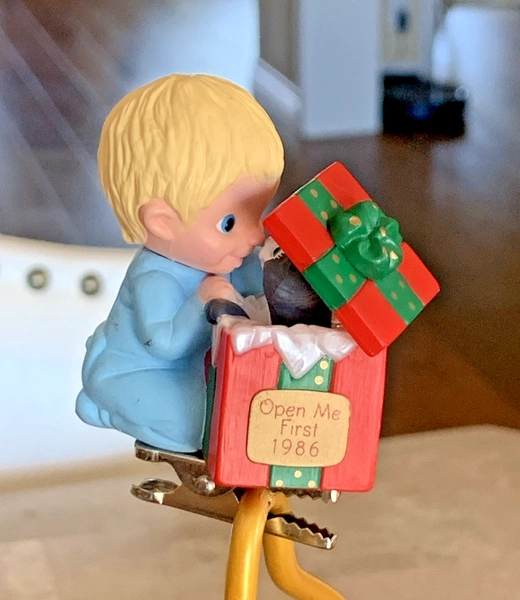 Vintage Christmas Hallmark Clip Ornament 1986 OPEN ME FIRST Blonde Blue Eyed Boy