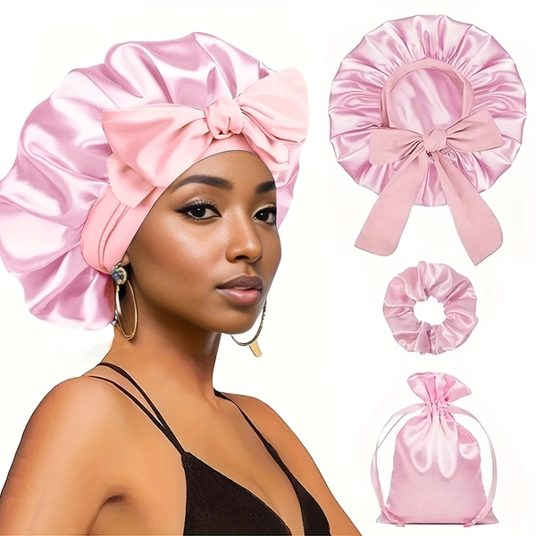 3pcs Sleep Bonnet Set with Tie Band -Hair Bonnet for Women, Curly Hair & Braids, Soft Comfortable Nightcap for Sleeping, Sleep Bonnet for Sleeping, Anti Frizz Bonnet for Sleeping, Shower Cap