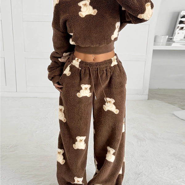 2pcs Set: Dark Brown Bear Print Cropped Top + Wide-Leg Pants | Women'S Retro-Chic Style, Drawstring Detail, Perfect for Home Relaxation, Casual Outings, and More