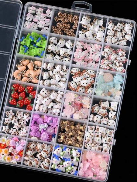 Sanrio 24 Grids 240Pcs Box  Cartoon Nail Charms Kit,12 Styles Summer Strawberry Series  Cat Design Nail Art Diy Mini Rhinestones Flatback Charms Nail Supplies Nails Nail Gems