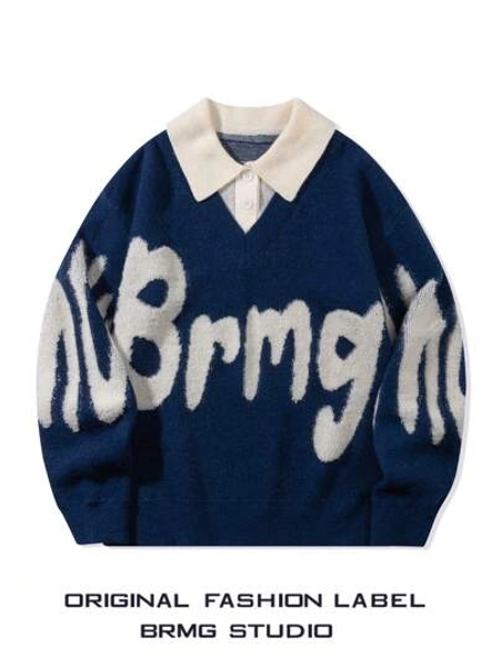 Men's Collegiate Style Patchwork Knitted Sweater With Polo Collar, Suitable For Autumn And Winter