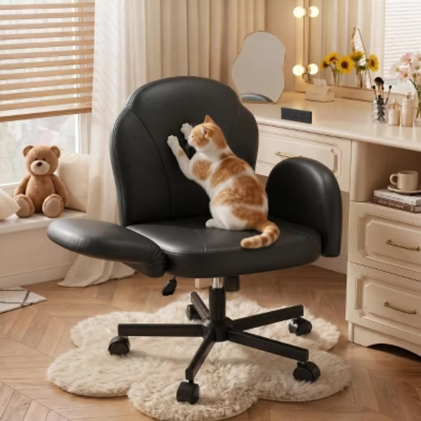 Bestier Criss Cross Chair Vanity Desk Chair with Foldable Armrests, Reclining Office Chair for Home Office, Makeup&Reading,Pet-Friendly, Black leather
