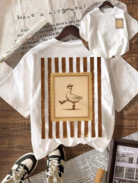 Funny Western Cowboy Goose Print Short Sleeve Casual Round Neck Women T-Shirt, Summer Top, Vacation Outfit White