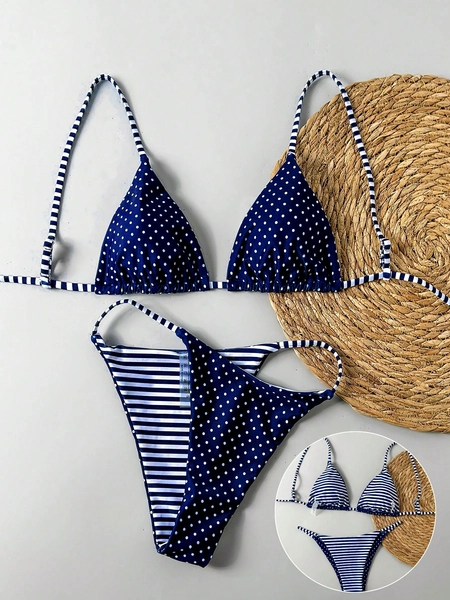 Swim Mod 2pcs Women Reversible Striped & Polka Dot Print Bikini Tankini Swimwear Set For Summer Beach Vacation