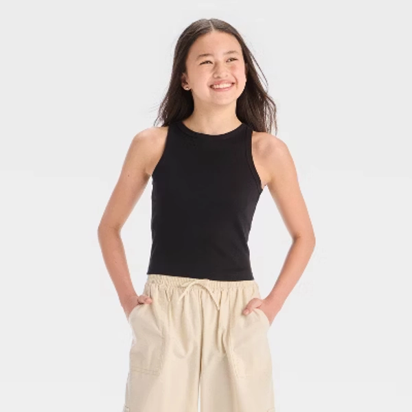 Girls' High Neck Ribbed Tank Top - art class™ Black M: Slim Fit, Sleeveless,