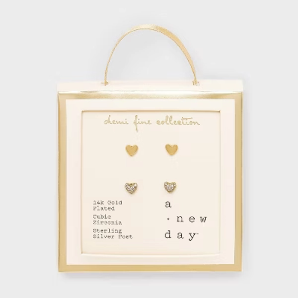 14k Gold Plated Brass Cubic Zirconia Valentines Pave Heart Earrings 2pc - A New Day™ Gold: Stud Design