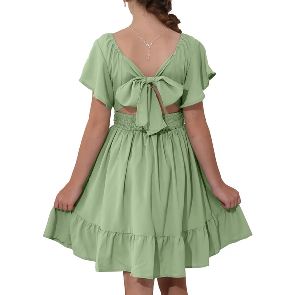 TQWQT Girls Green Dresses Off Shoulder Casual Dress Size Cute Girls Dresses Tie Back Dresses Kids Square Neck Formal Dress Basic Tween Girls Clothes