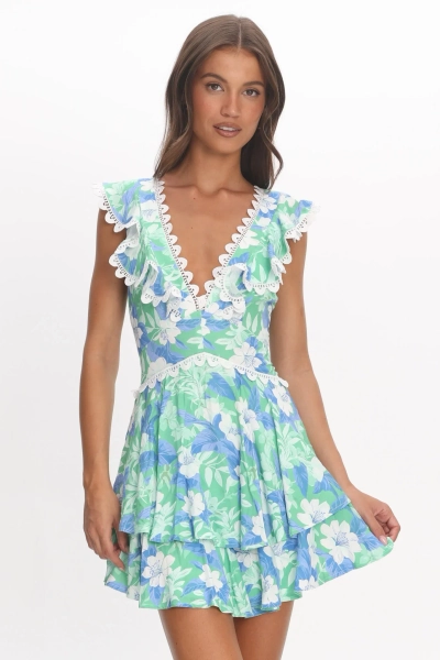 Charade Ruffle Shoulder Corset Back Dress Floral Green - showpous