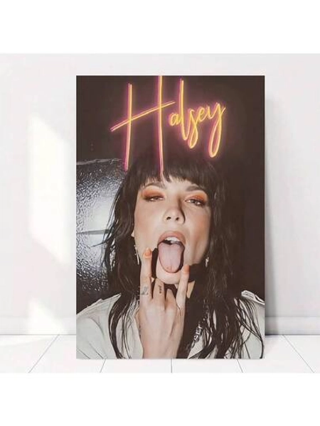 Framed Halsey-Inspired Edgy Canvas Poster - Art Print Of Female Singer With Tattoos & Rock Hand Gesture, Vibrant Neon Pink & Black Music Wall Decor For Living Room, Bedroom, Modern Aesthetic, Highquality Print Canvas Poster 2D