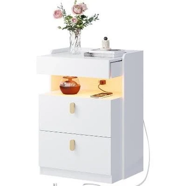 Galaxhero Nightstand with LED Lights, Charging Station, Sliding Top, 2 Drawers, Smart End