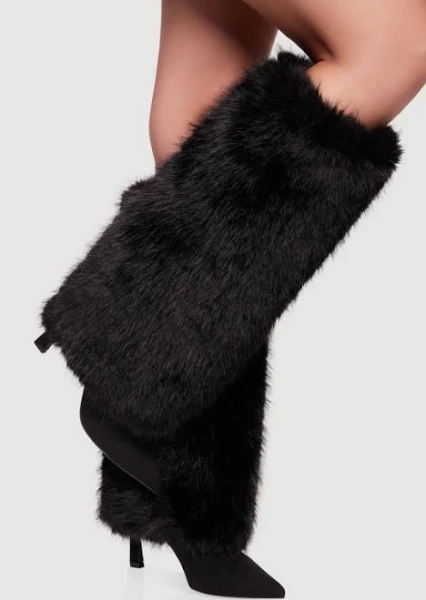 Womens Faux Fur Stiletto Knee High Boots, Black Suede, Size 10 - Rainbow Shops