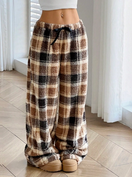 Women's Casual Plaid Front Tie Waist Pants, Daily Wear
