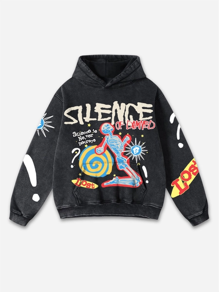 Retro Silence of Damned Skull Oversized Graphic Acid Wash Hoodie