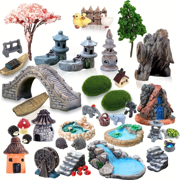42pcs Art Deco Style Resin Fairy Garden Accessories, Halloween Themed Outdoor Miniature Decorations, Animal Statues for Micro Landscape, Bonsai Craft, Plant Pots - No Electricity or Battery Needed