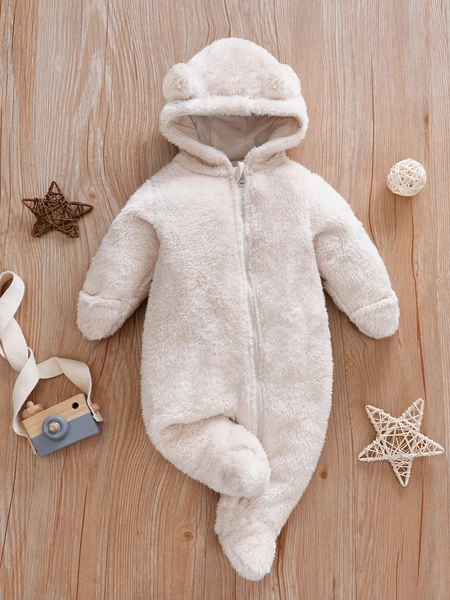 H HIBOBI Winter Unisex Long Sleeve Cute 3D Teddy Bear Ears Plush Warm Baby Jumpsuit With Hand & Foot Covers (Hat Lining Unpositioned)