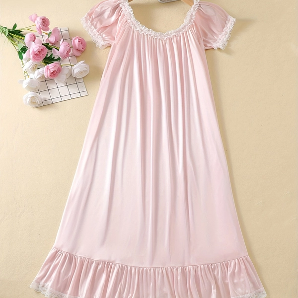 Women's Semi-Sheer Lace Trim Short-Sleeve Nightdress Dress - Lightweight Ice Fiber Fabric Round Neck Sexy Lingerie Dress Suitable for Seasons, Machine Washable Pink Sleepwear for