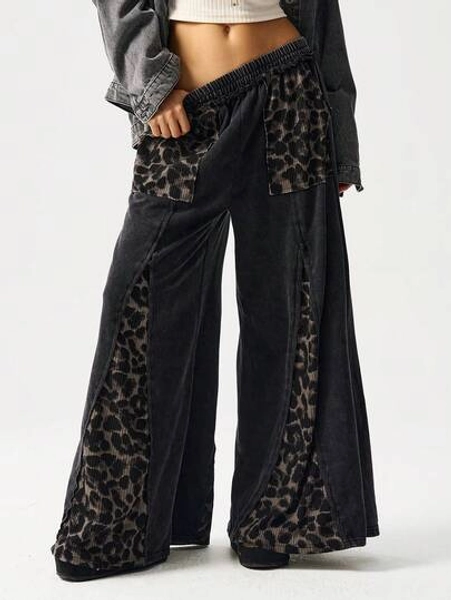 Bohemela Women's Casual Knit Patchwork Leopard Print Loose Wide Leg Pants, Suitable For Autumn/Winter, Halloween, Christmas, Music Festivals,Black Pants