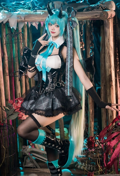 Vocal Cosplay Costume Devil Dress and Sleeves with Wings and Thigh Socks