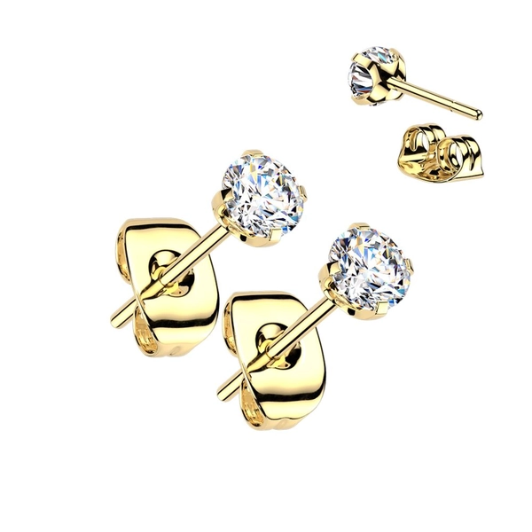 Titanium Ear Studs with Round Prong Set Stone - Gold - 2 mm