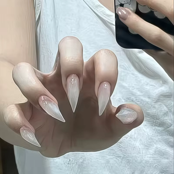 10PCS Matte pure white gradient cat-eye fake nails, with an ultra-long pointed design, specially created for women. - AliExpress 