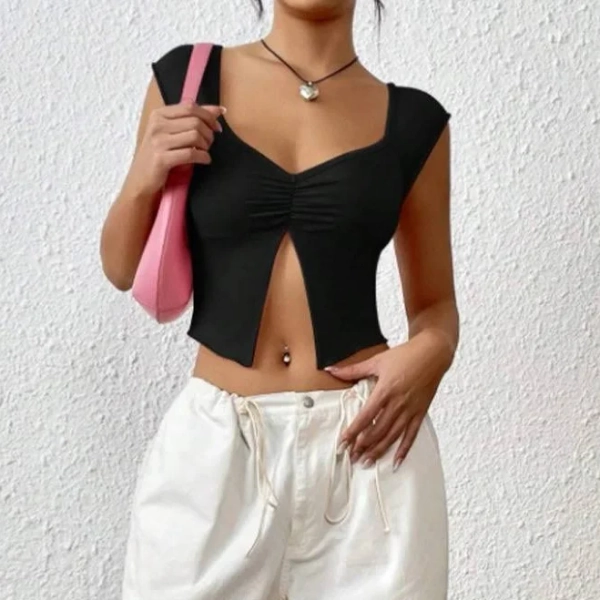 Women's Slim Fit Pleated Deep V-Slit Open Navel Top