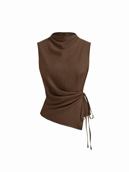 CIDER Women's Work Woven Stand Collar Texture Ruched Knotted Lightweight Breathable Waist-Cinching Tank Top