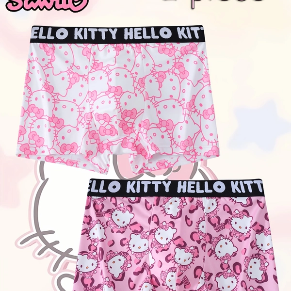 This Set of 2 Men'S Boxer Shorts Is Designed Specifically for Young Males Who Love Sanrio, Featuring a Blend of Cuteness And Individuality in Style. The First Pair Has a White Base with a Pink Hello Kitty Outline Pattern