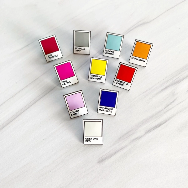 book trope color card enamel pins, bookish lapel pins, colorful board filler pins