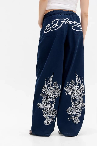 Ed Hardy UO Exclusive Embroidered Wide Leg Trousers
