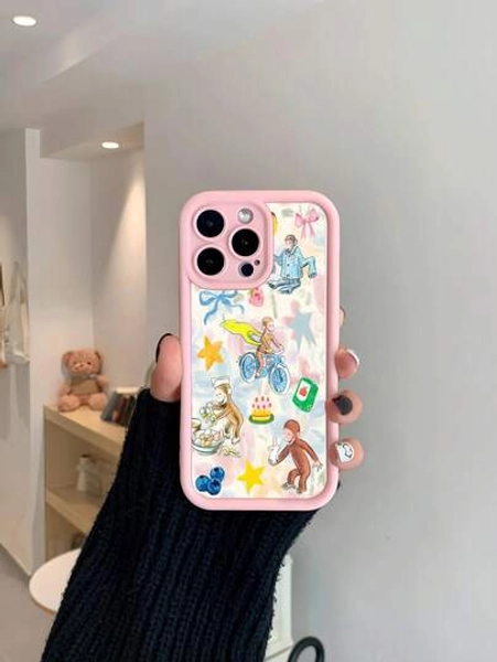 Curious George Mobile Phone Case, Decorated With Playful Monkeys And Colorful Fruits, Suitable For IPhone 16, 15, 14, 13, 12 And 11 Pro Models, Made Of TPU Material, And Provides Shockproof Protection. Ideal For Family, Friends, Children, Birthdays, Spring, Holidays, Boyfriends, Girlfriends, And Valentine's Day Gifts.