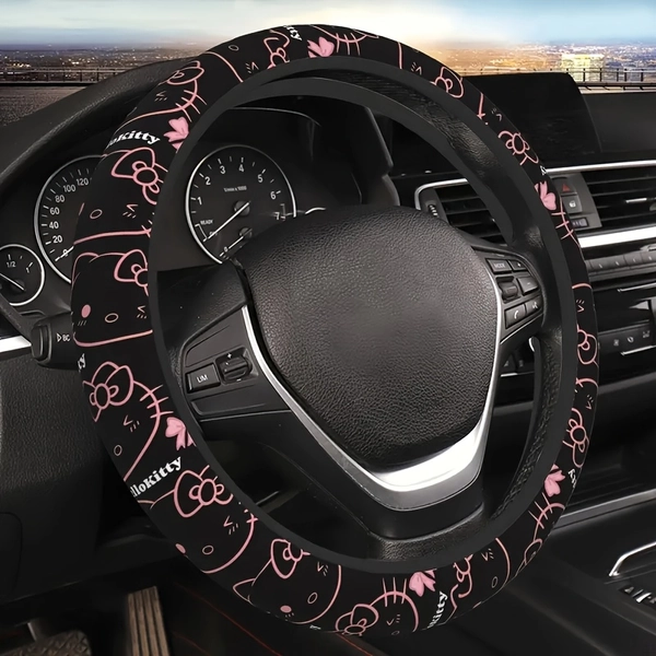 Sanrio Hello Kitty Car Steering Wheel Cover - Elastic Fit No Inner Ring, Durable Polyester Fit for Most Vehicles, Cute Pink Floral Design with Hearts & Stars, Car Interior Accessories, Vehicle Steering Cover, Ringshaped Texture