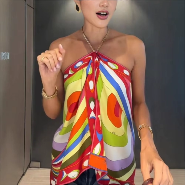Halter Neck Printed Top Summer New Women's Loose Holiday Sexy Backless Metal Chain Satin Irregular Vest Ropa Mujer Топ Женский - AliExpress 200000345